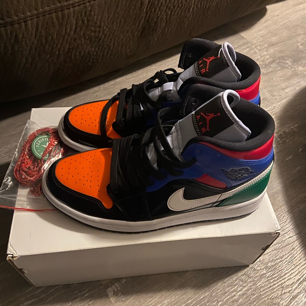 Jordan 1 Mid Multi-color patent leather.
